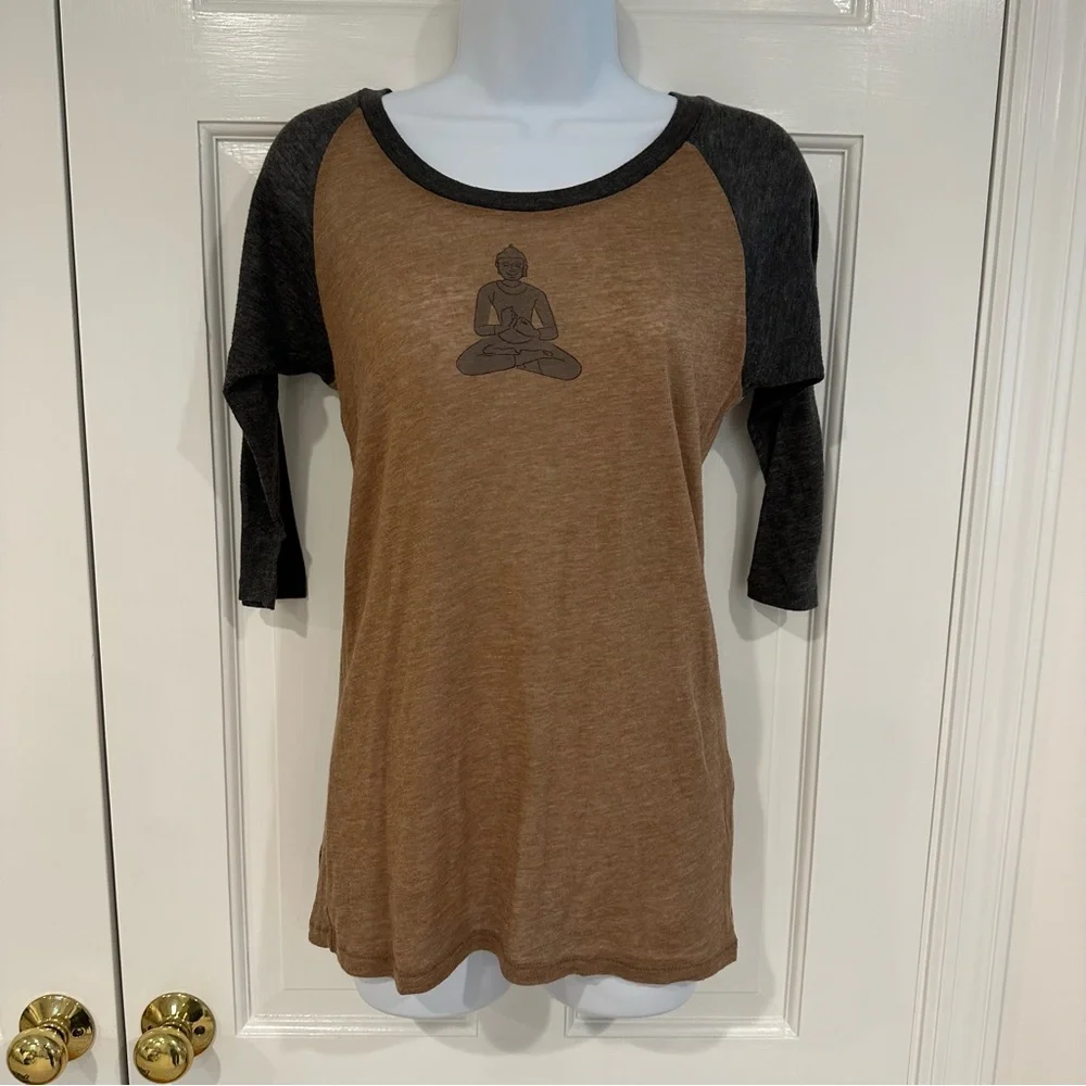 Alternative Apparel brown Buddha baseball tee shop wish list Greenwich yoga M - Picture 1 of 9